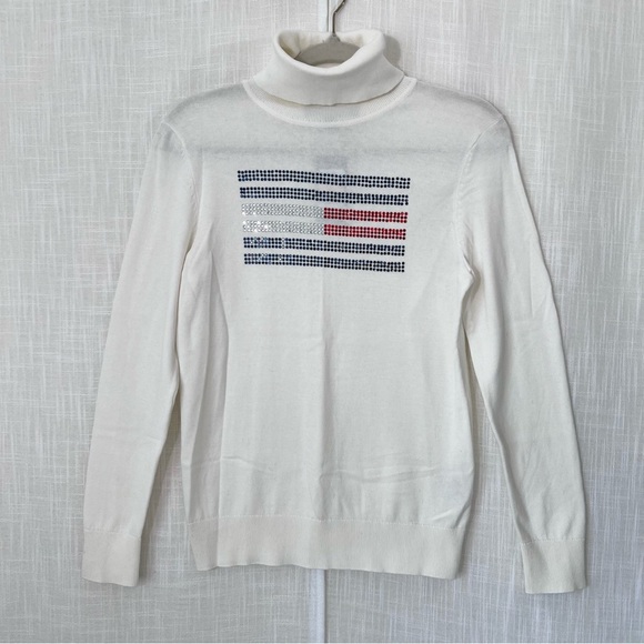Tommy Hilfiger NWT Bedazzled American Flag Turtleneck Sweater Sz S - Picture 1 of 9